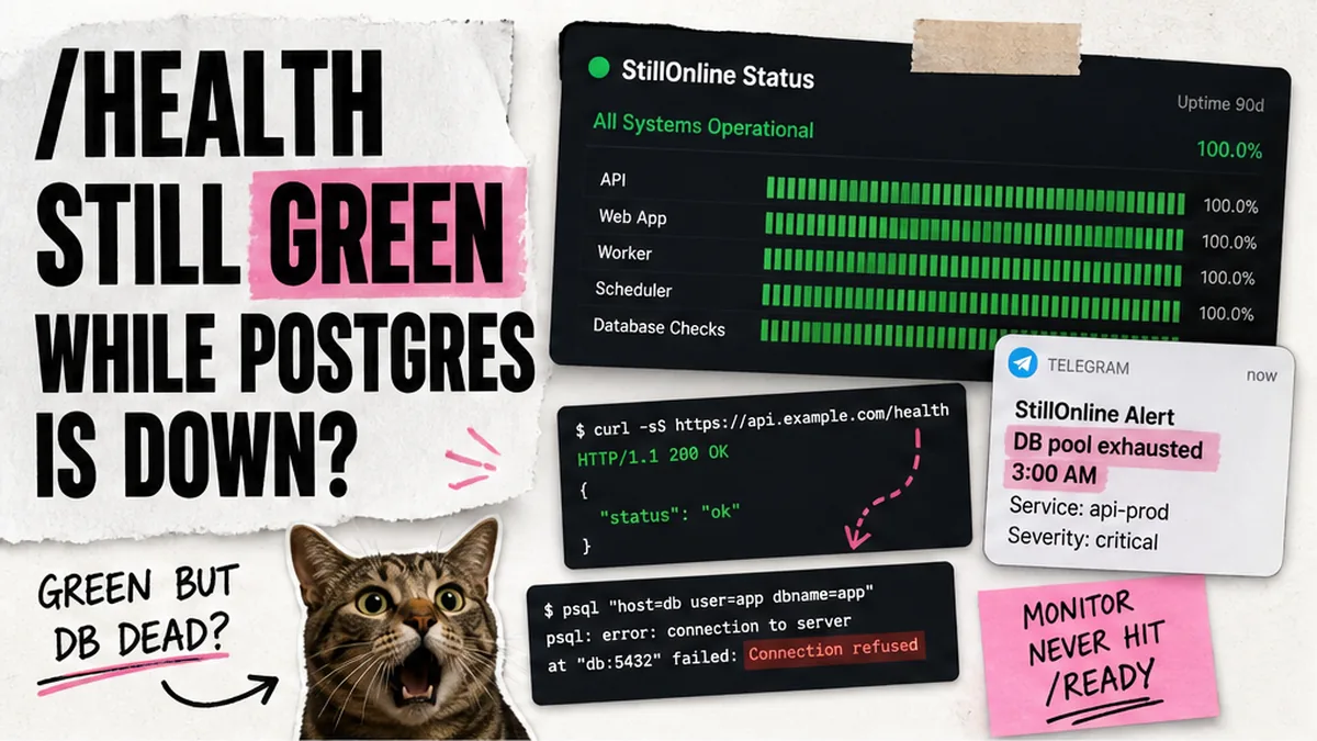 StillOnline brand collage: FastAPI /health shows green while the database is down