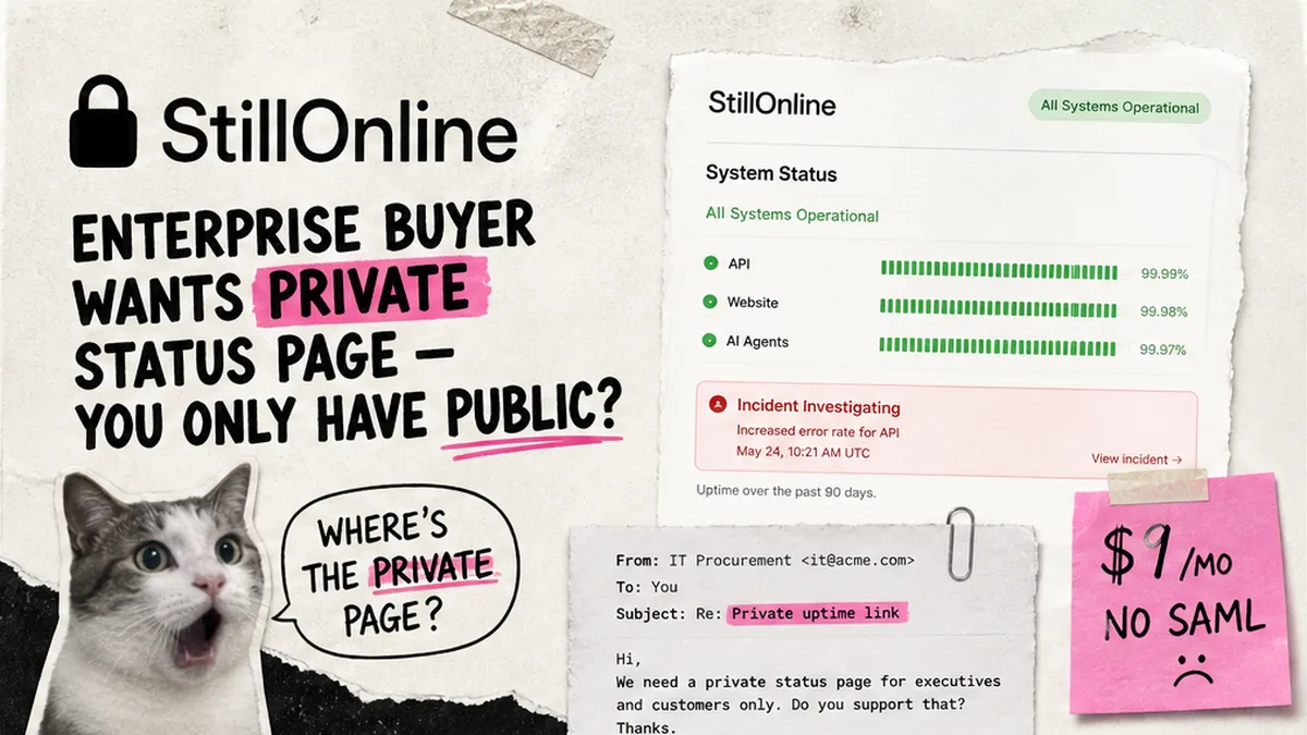 Cover: private status page for paying customers — lock icon, status timeline, and stakeholder email mockup