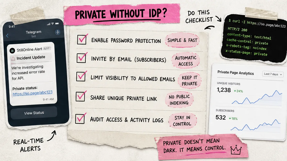 Checklist: private status page access models without enterprise SSO