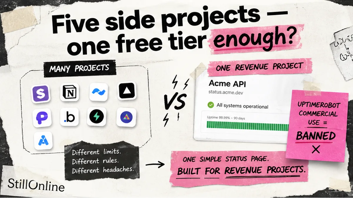 StillOnline brand collage: free uptime monitoring for multiple side projects — 50 monitors vs one status page workflow
