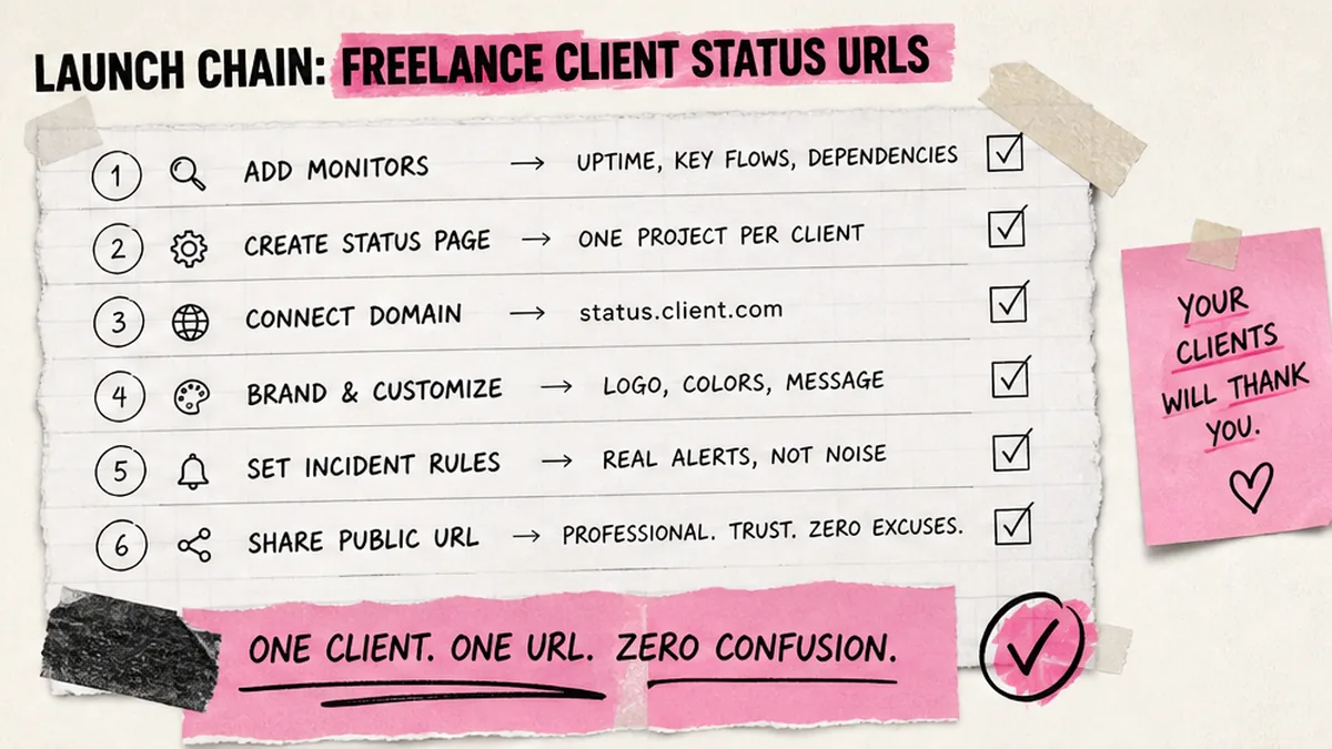 Checklist board: launch chain for freelance client status URLs