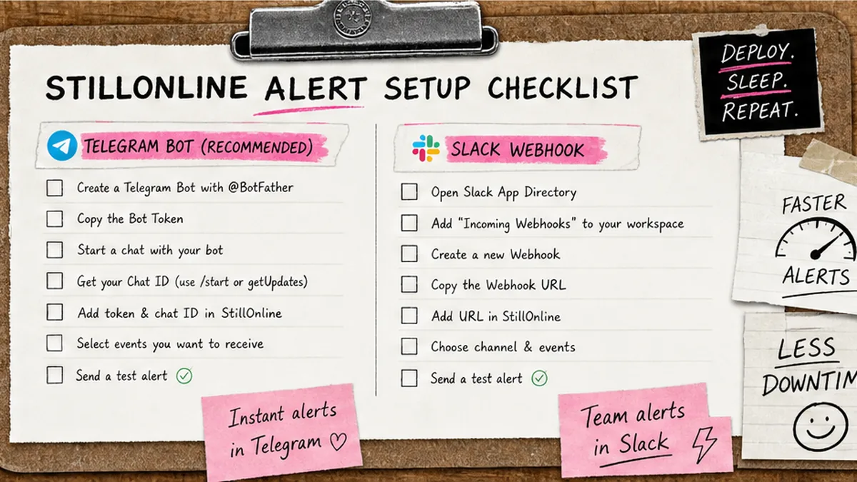 Checklist board: StillOnline Telegram bot vs Slack Incoming Webhook setup steps