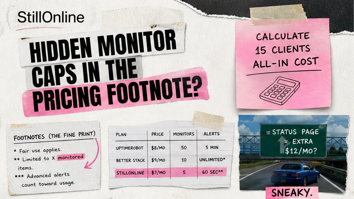 Cover: uptime monitoring transparent pricing comparison — six vendor logos and flat-rate price tags