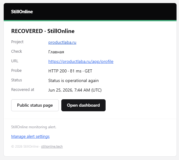 StillOnline owner email alert when check recovers