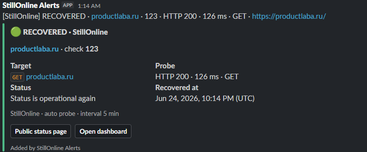 StillOnline Slack incoming webhook recovered alert in channel
