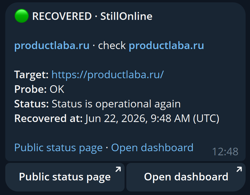 StillOnline Telegram bot recovered alert with green status and action buttons